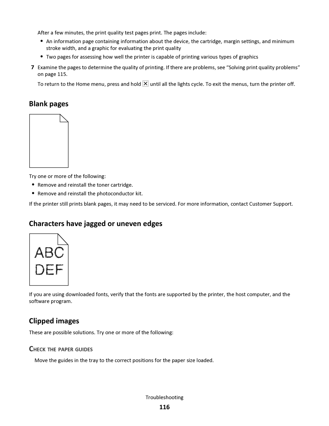 Lexmark 34S0100, 34S0305 Blank pages, Characters have jagged or uneven edges, Clipped images, 116, Check the Paper Guides 