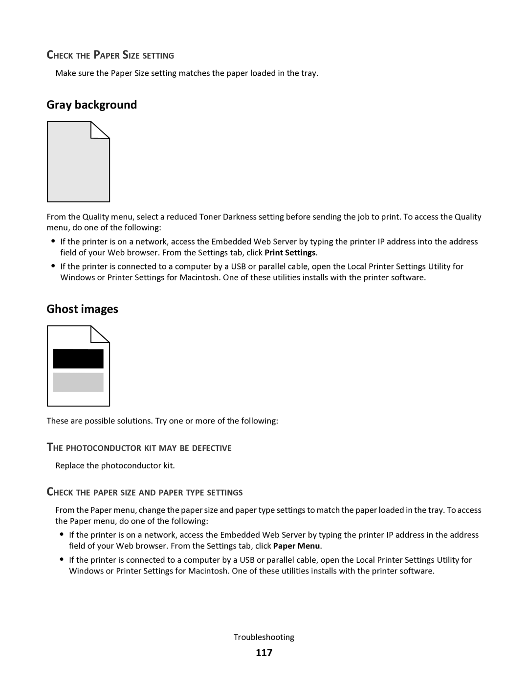 Lexmark 34S0305 Gray background, Ghost images, 117, Check the Paper Size Setting, Photoconductor KIT MAY be Defective 