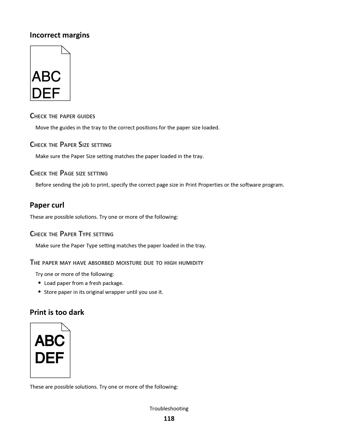 Lexmark 34S0300, 34S0100, 34S0305, 34S5164 manual Incorrect margins, Paper curl, Print is too dark, 118 
