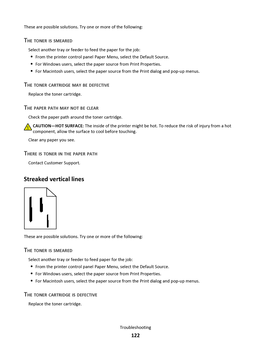 Lexmark 34S0300 Streaked vertical lines, 122, Toner is Smeared, Paper Path MAY not be Clear, Toner Cartridge is Defective 