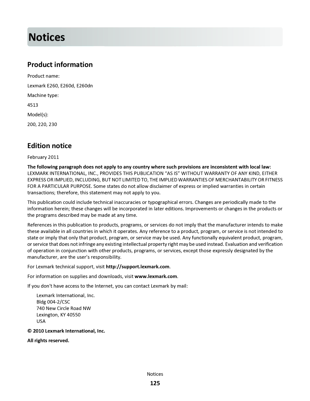 Lexmark 34S0305, 34S0100, 34S0300, 34S5164 manual Product information, Edition notice, 125 