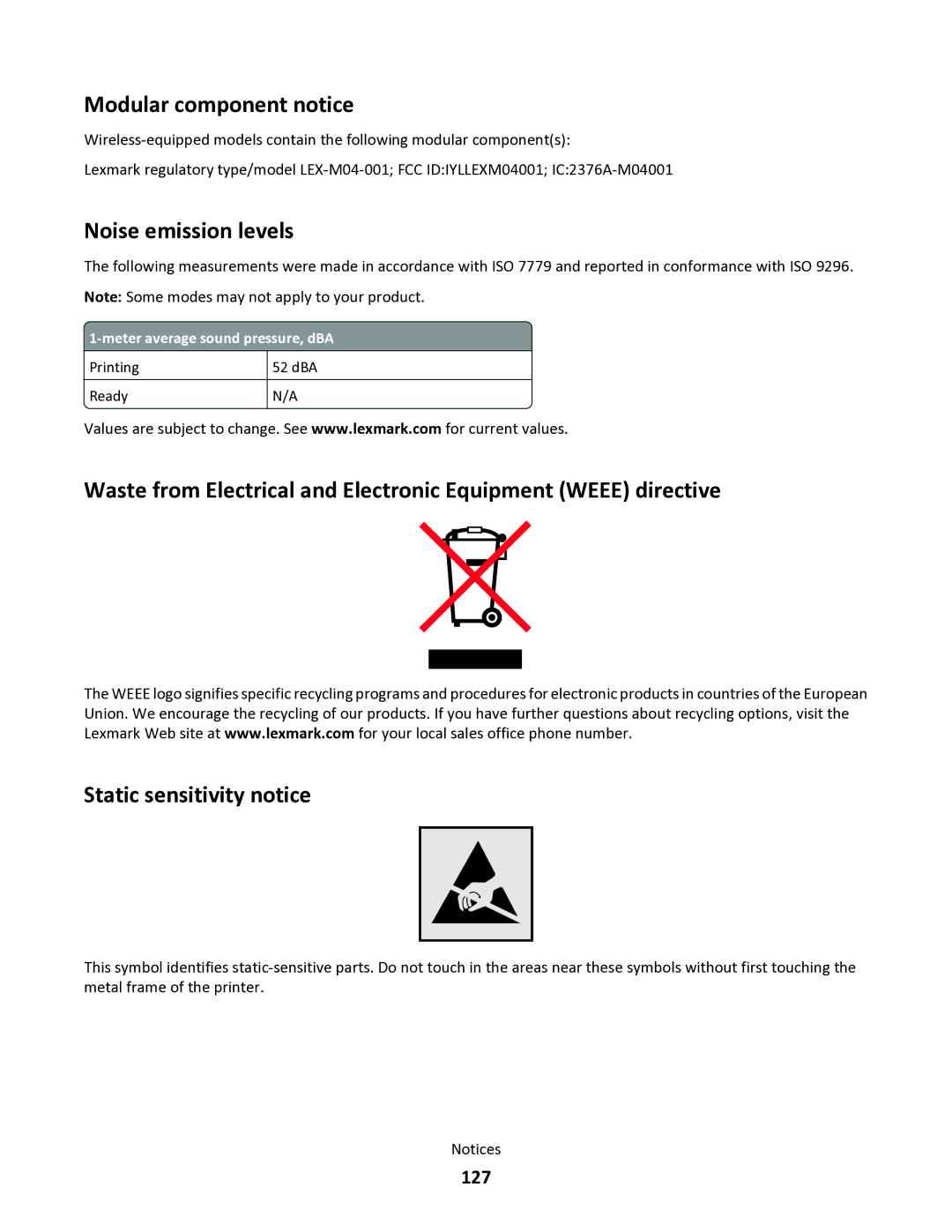 Lexmark 34S5164, 34S0100, 34S0305, 34S0300 manual Modular component notice, Noise emission levels, 127 