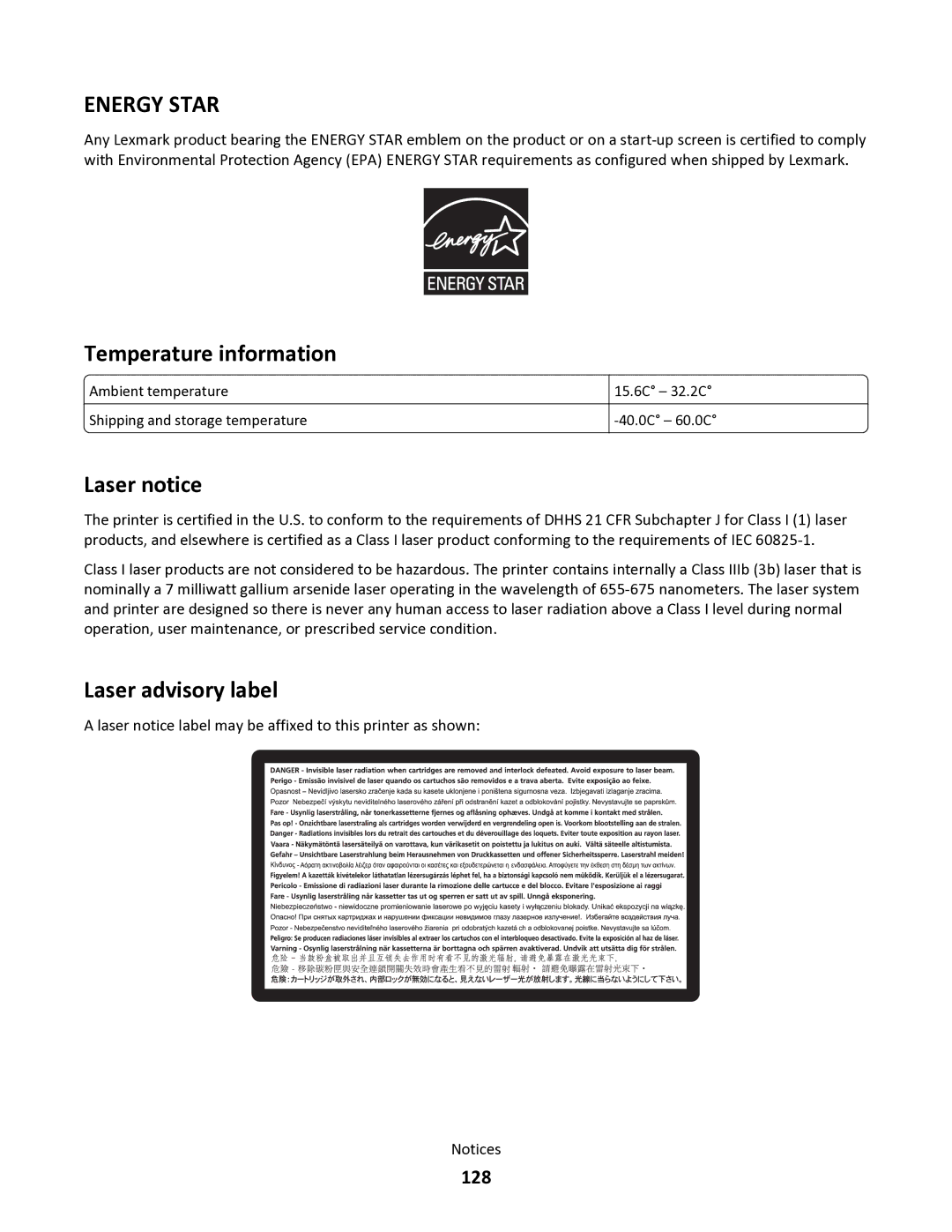 Lexmark 34S0100, 34S0305, 34S0300, 34S5164 manual Temperature information, Laser notice, Laser advisory label, 128 