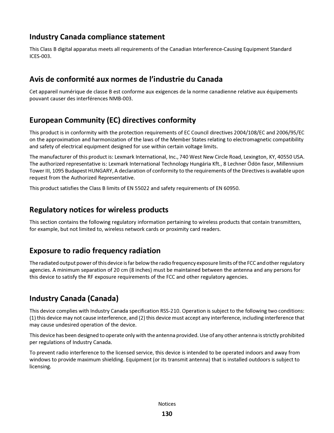 Lexmark 34S0300, 34S0100 manual Industry Canada compliance statement, Avis de conformité aux normes de l’industrie du Canada 