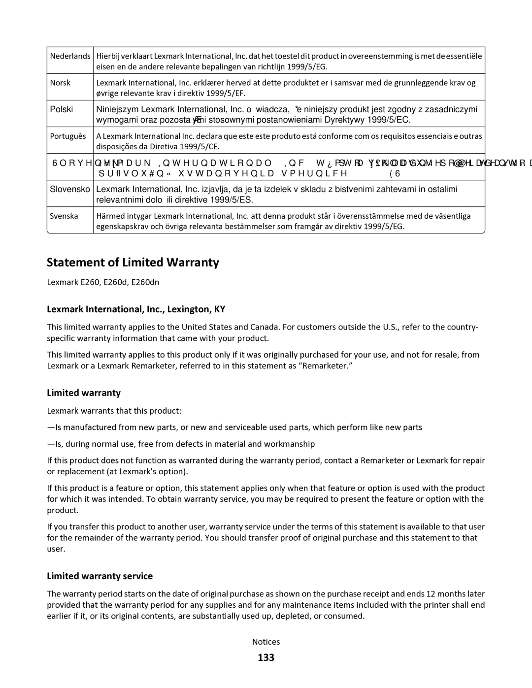 Lexmark 34S0305, 34S0100, 34S0300, 34S5164 manual Statement of Limited Warranty, 133 