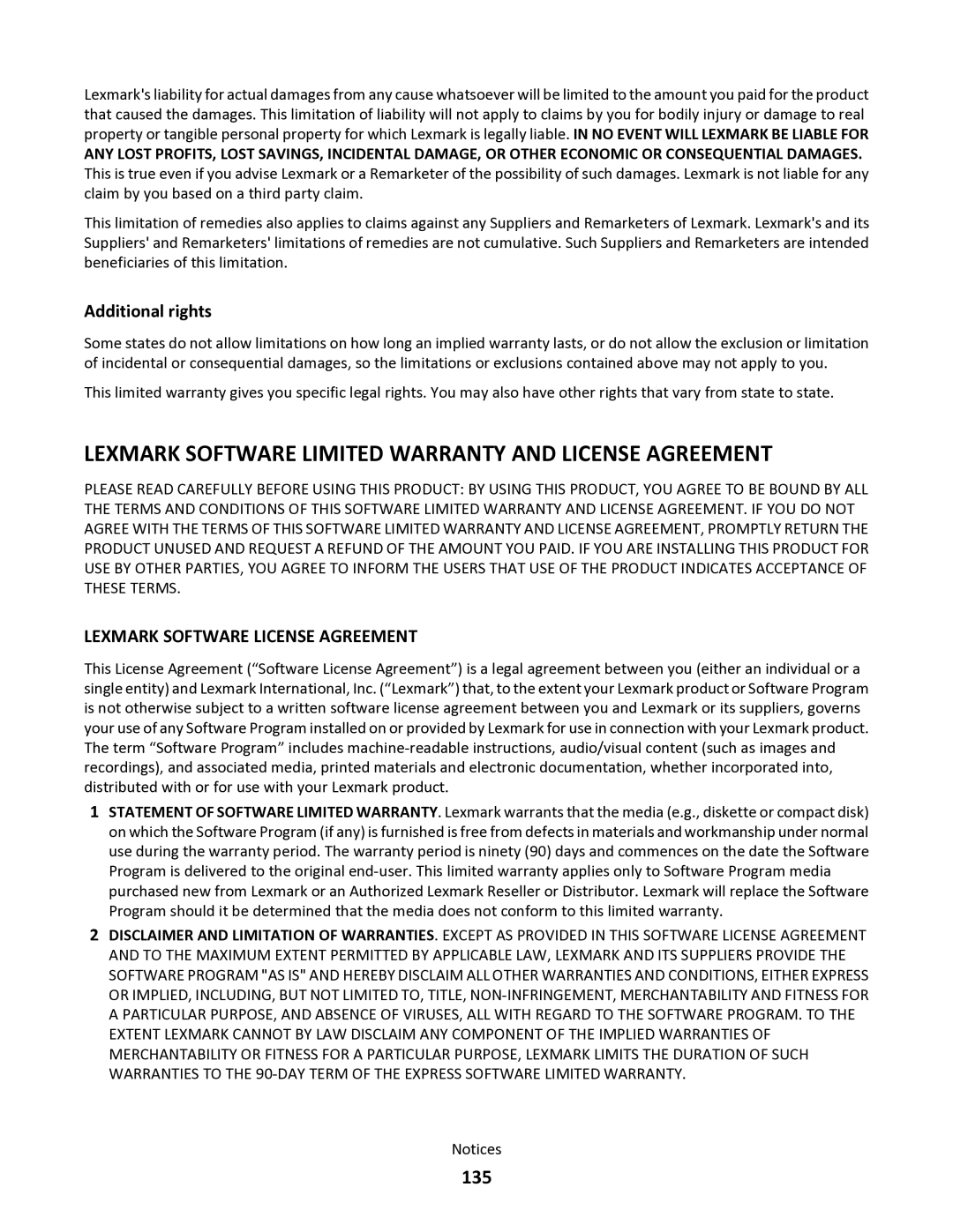 Lexmark 34S5164, 34S0100, 34S0305, 34S0300 manual 135, Additional rights 