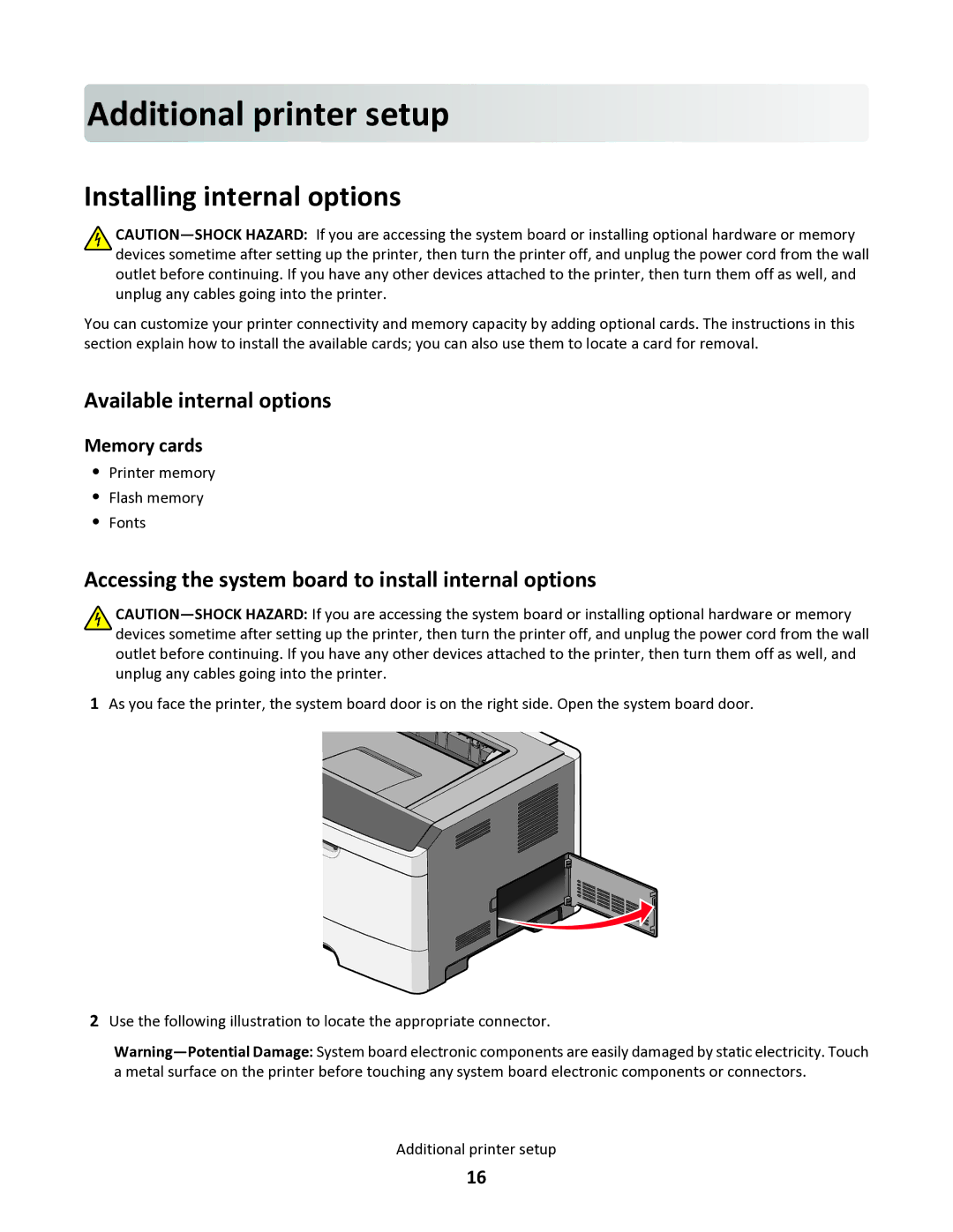 Lexmark 34S0100, 34S0305 Additional printer setup, Installing internal options, Available internal options, Memory cards 