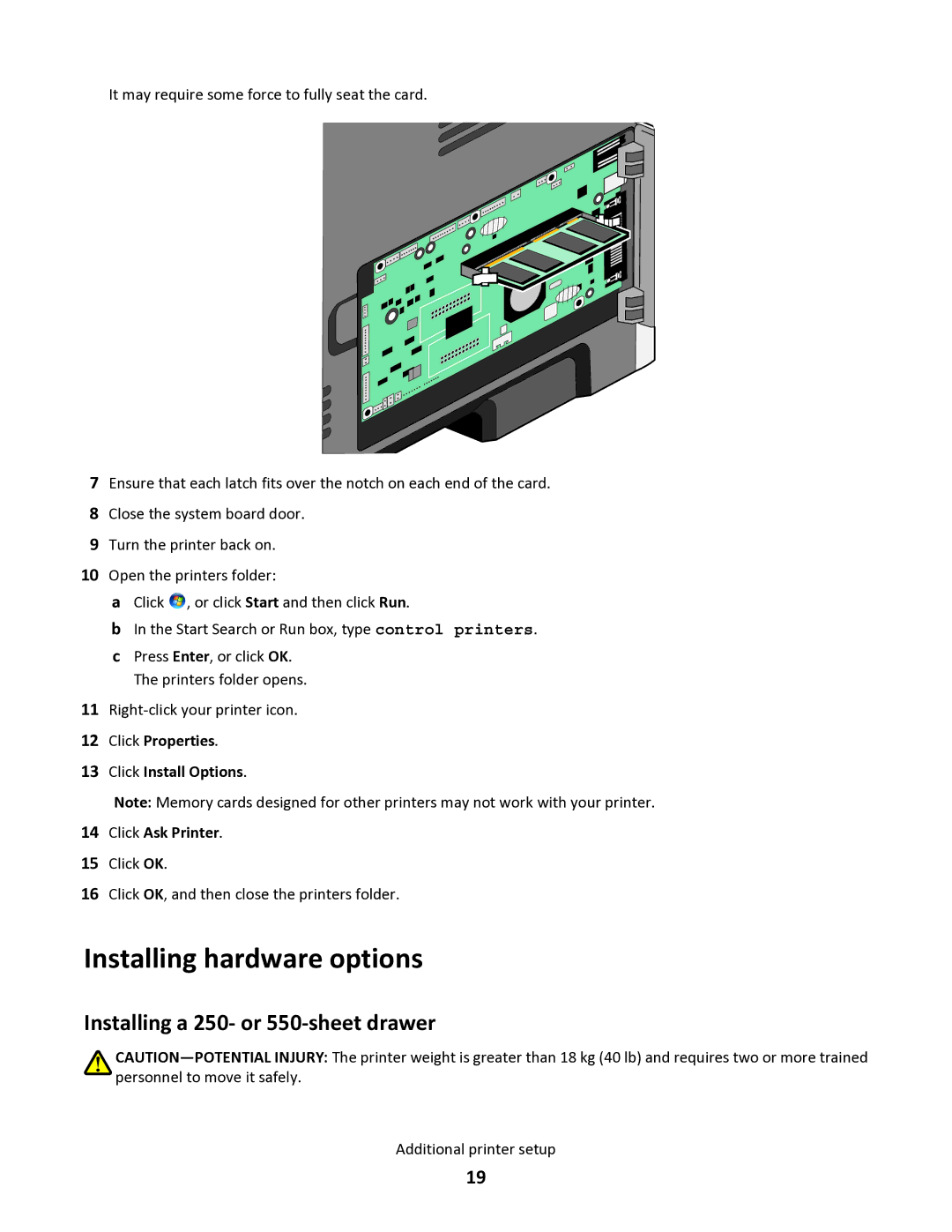 Lexmark 34S5164, 34S0100, 34S0305, 34S0300 manual Installing hardware options, Installing a 250- or 550-sheet drawer 