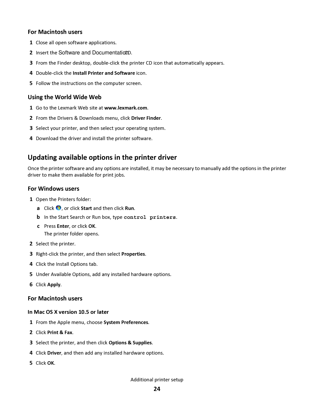 Lexmark 34S0100, 34S0305 Updating available options in the printer driver, For Macintosh users, Using the World Wide Web 