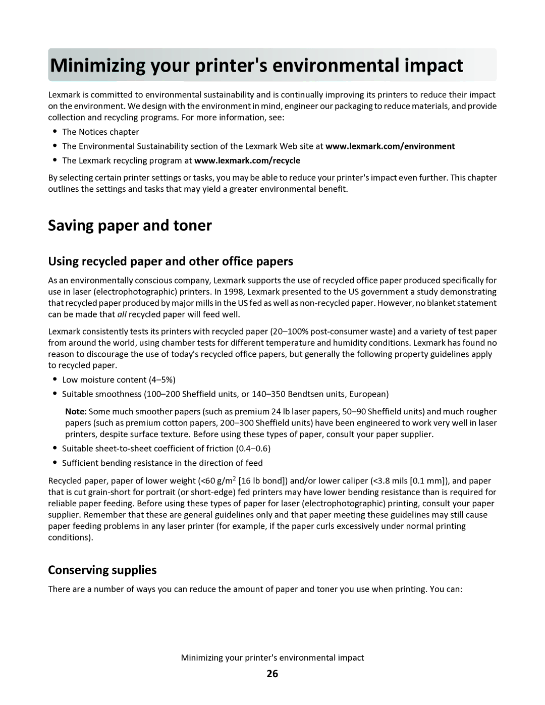 Lexmark 34S0300, 34S0100 Minimiz in g you r printers env ironmental imp act, Saving paper and toner, Conserving supplies 