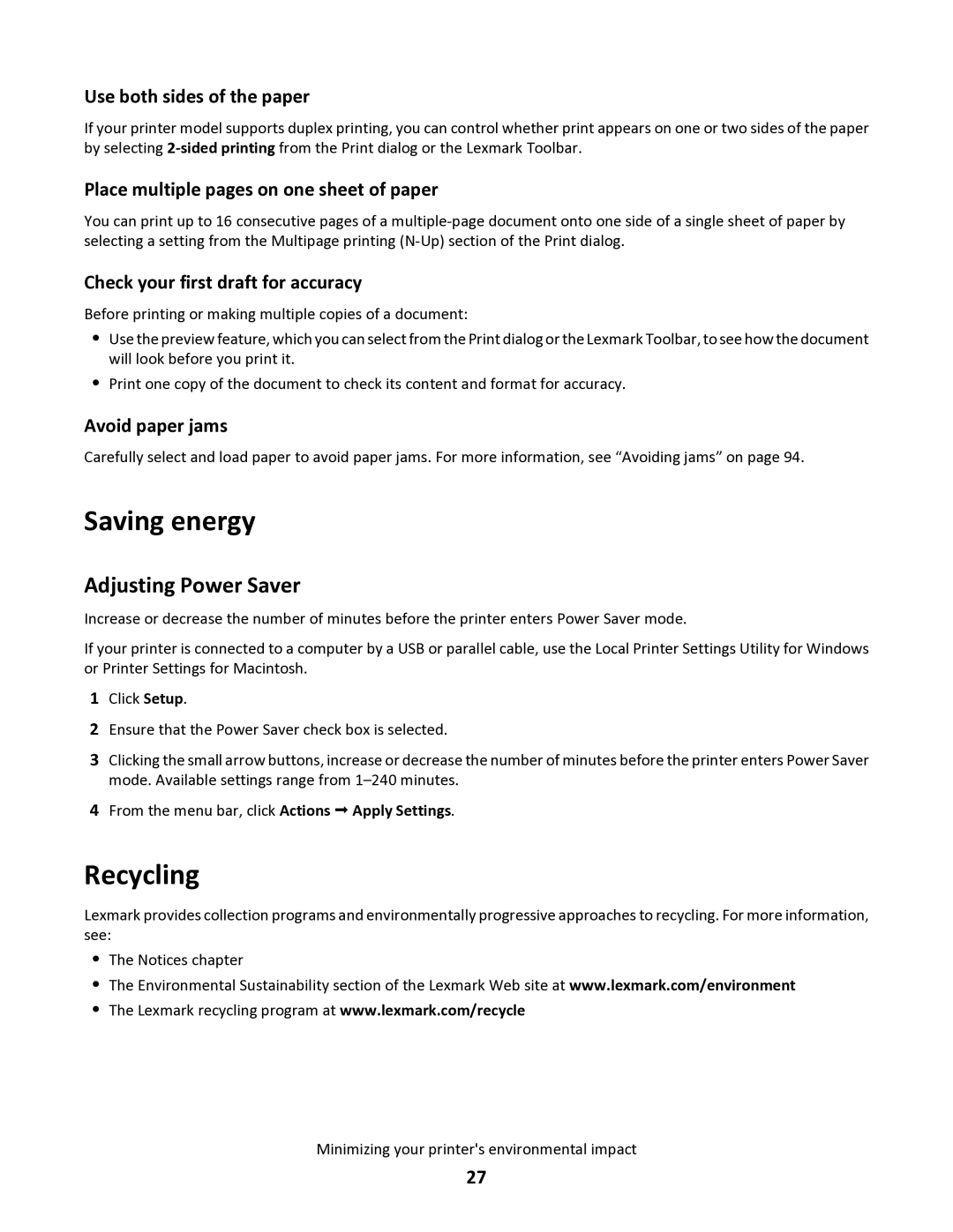 Lexmark 34S5164, 34S0100, 34S0305, 34S0300 manual Saving energy, Recycling, Adjusting Power Saver 