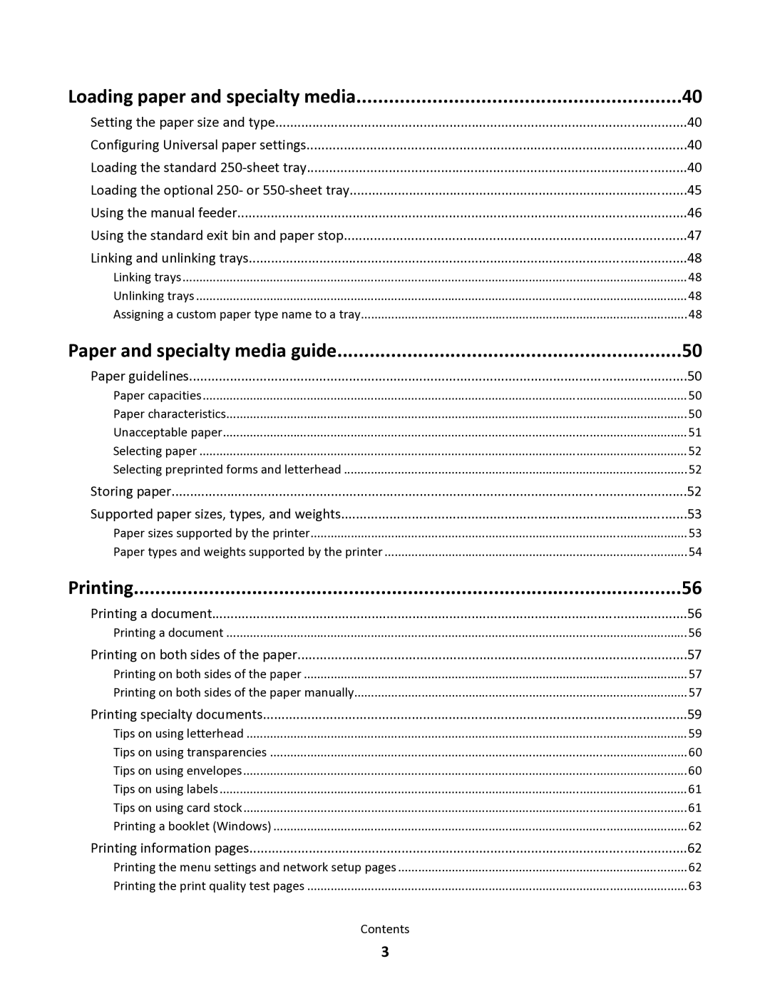 Lexmark 34S5164, 34S0100, 34S0305, 34S0300 manual Loading paper and specialty media, Paper and specialty media guide, Printing 