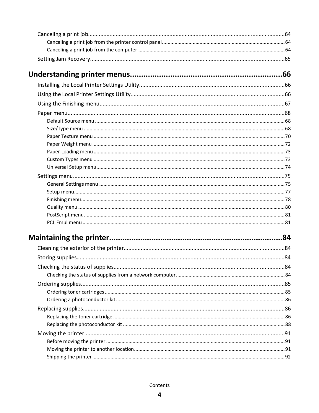 Lexmark 34S0100, 34S0305, 34S0300, 34S5164 manual Understanding printer menus, Maintaining the printer 