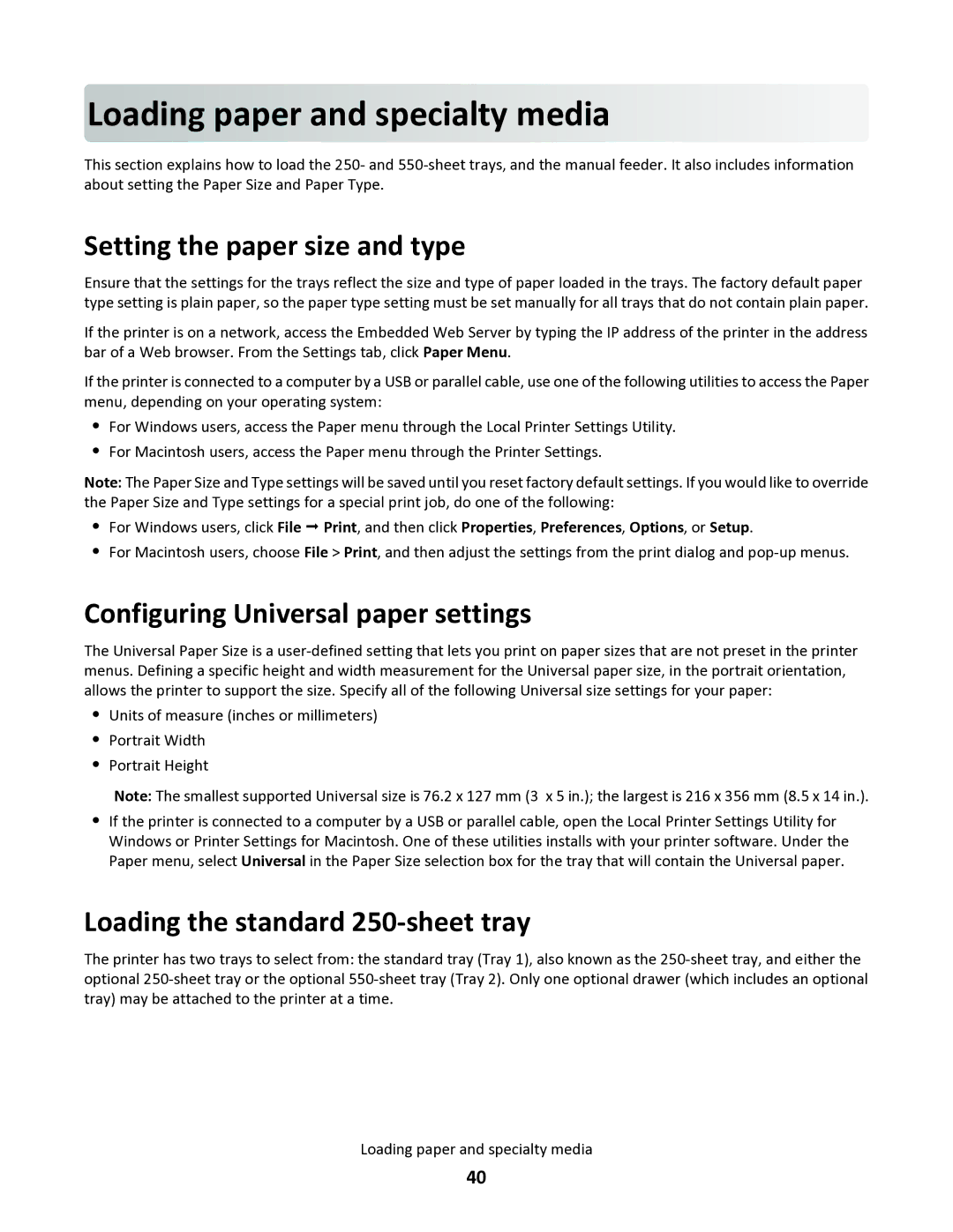 Lexmark 34S0100, 34S0305, 34S0300, 34S5164 manual Loadin g pap er and specialt y m edia, Setting the paper size and type 