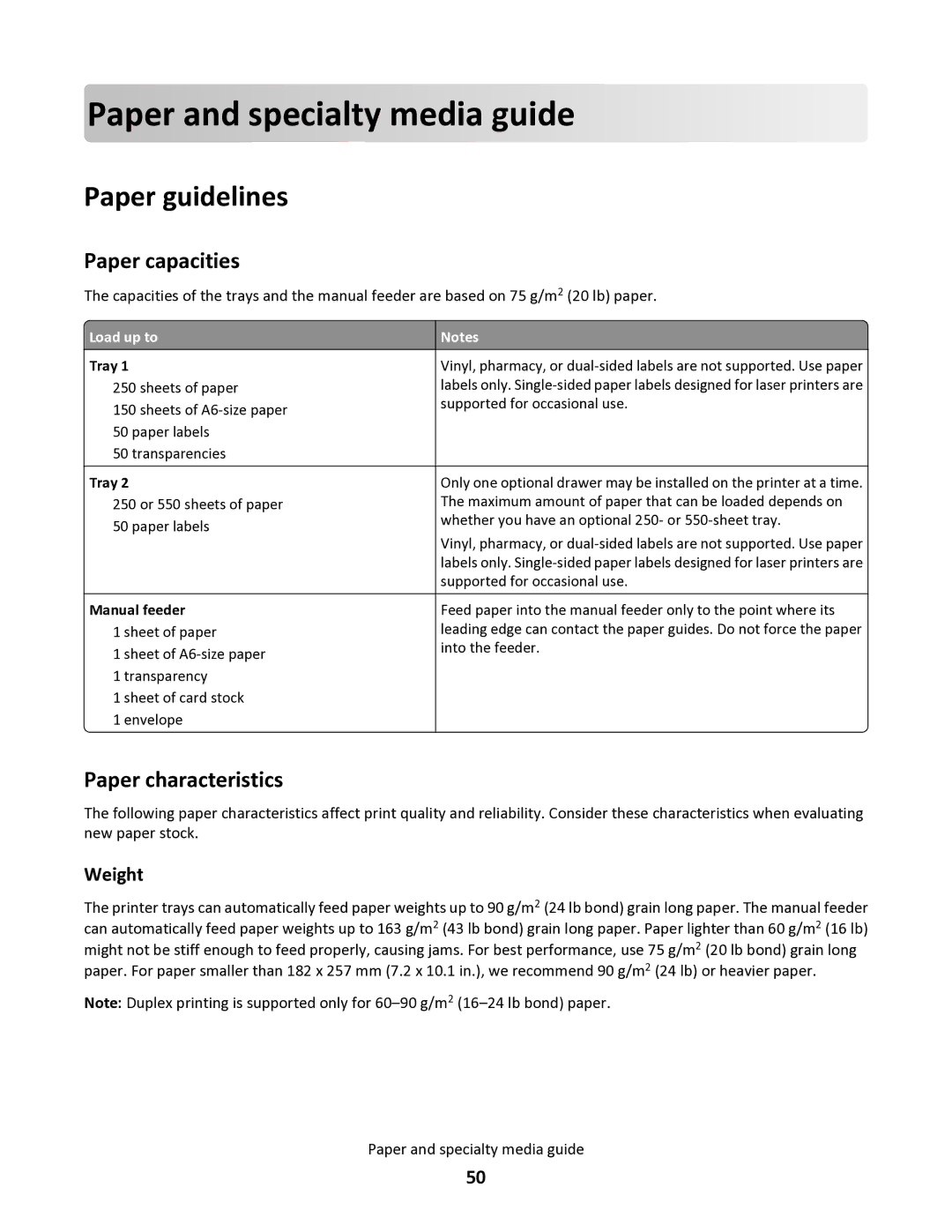 Lexmark 34S0300 Paper an d spe cialty med ia guide, Paper guidelines, Paper capacities, Paper characteristics, Weight 