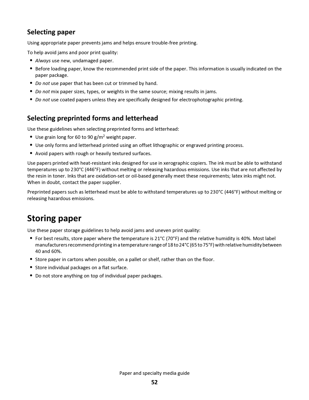 Lexmark 34S0100, 34S0305, 34S0300, 34S5164 manual Storing paper, Selecting paper, Selecting preprinted forms and letterhead 