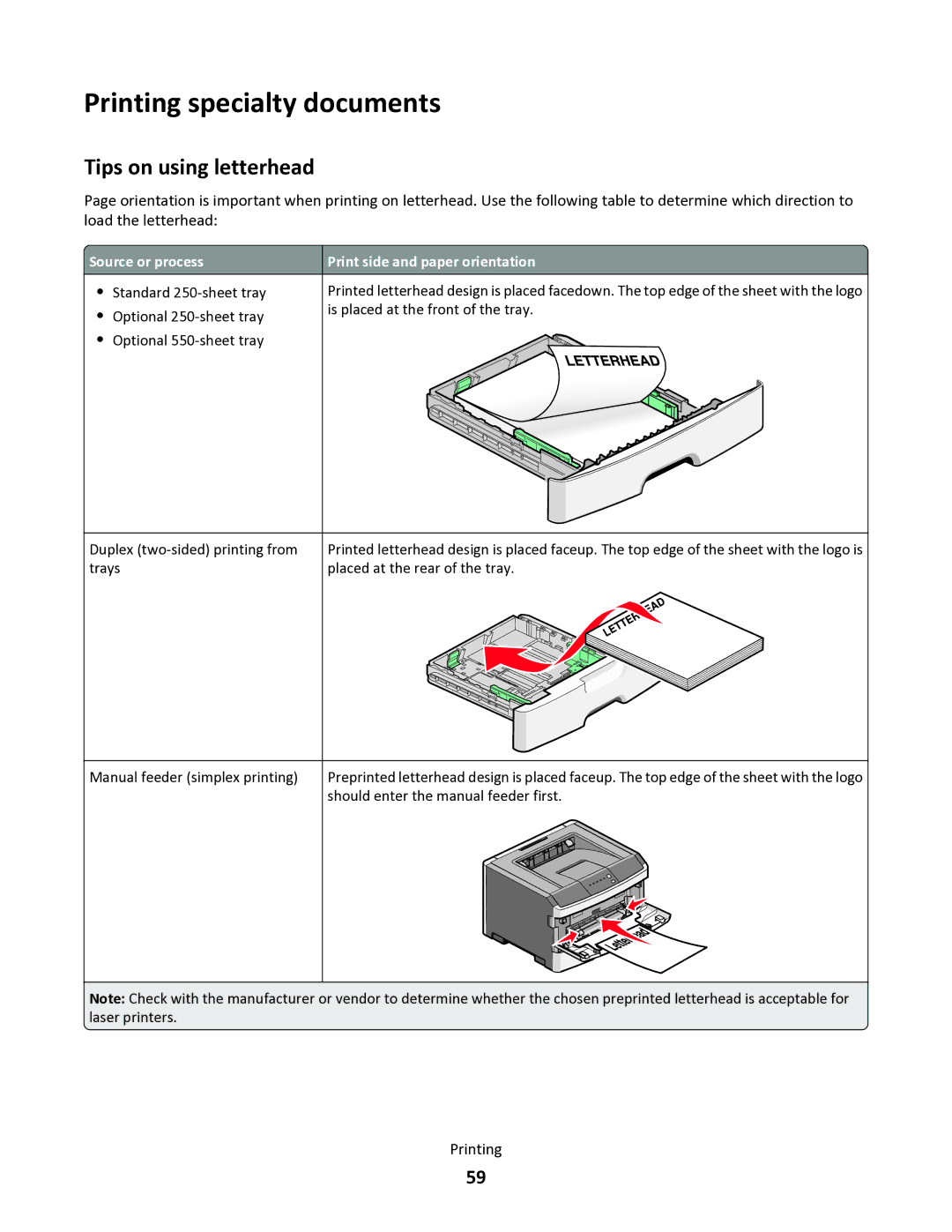 Lexmark 34S5164, 34S0100, 34S0305, 34S0300 manual Printing specialty documents, Tips on using letterhead 