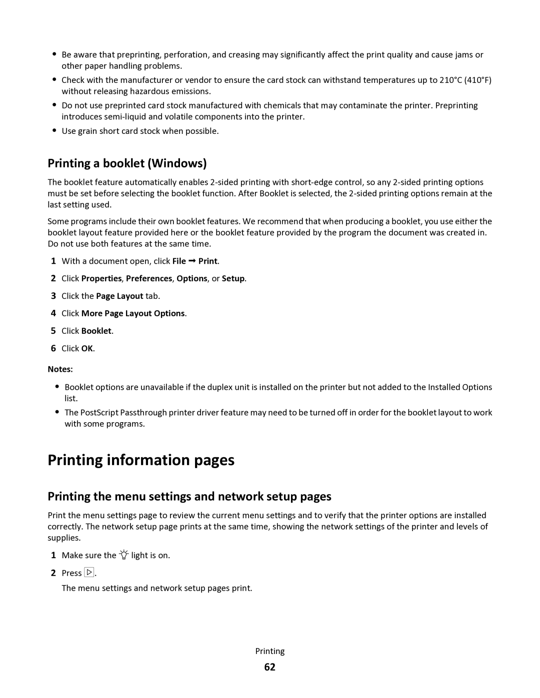 Lexmark 34S0300 Printing information pages, Printing a booklet Windows, Printing the menu settings and network setup pages 