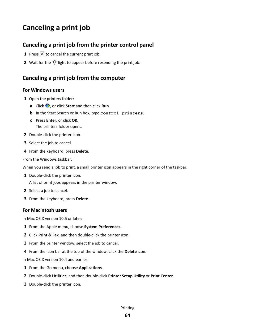 Lexmark 34S0100, 34S0305 Canceling a print job from the printer control panel, Canceling a print job from the computer 