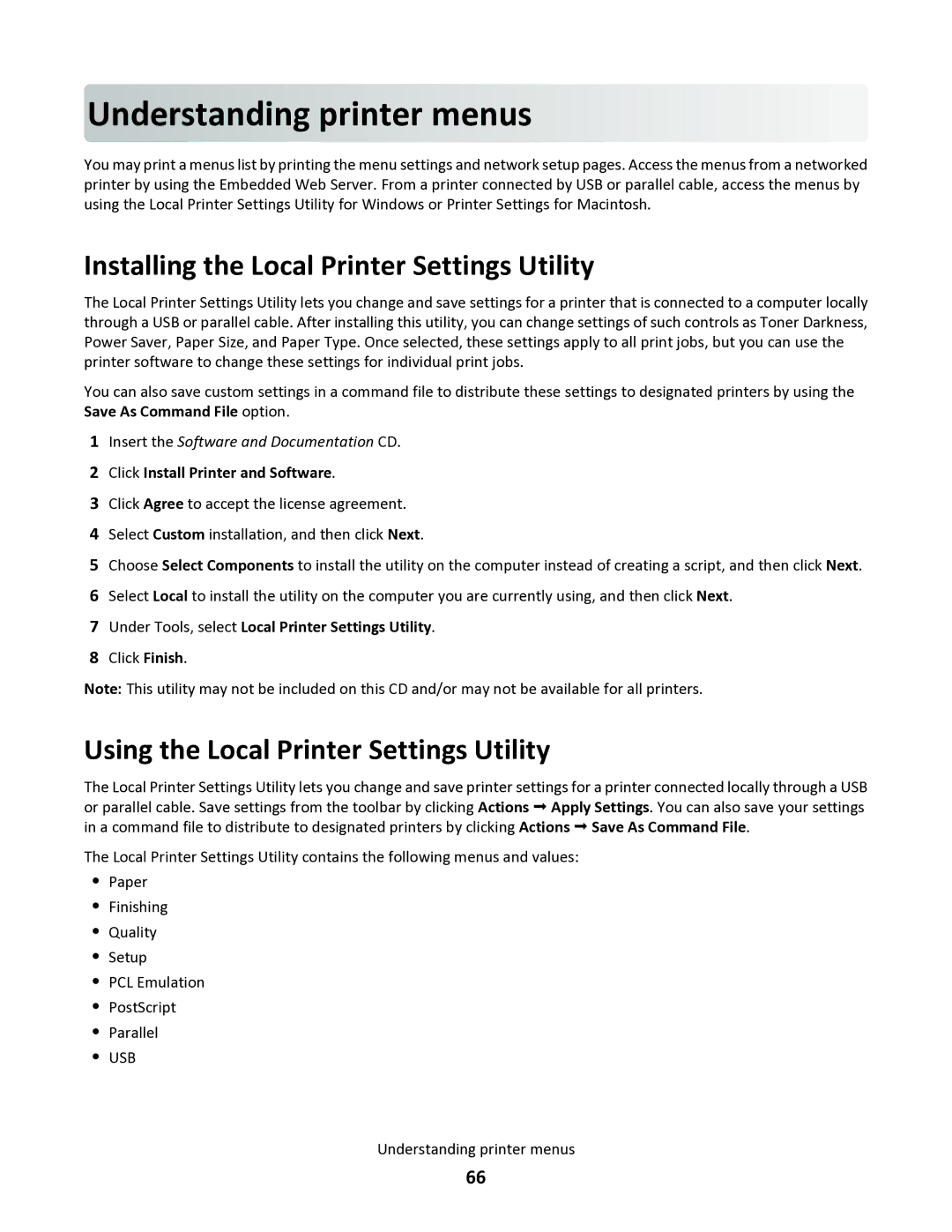 Lexmark 34S0300, 34S0100, 34S0305, 34S5164 manual Understanding printer me nus, Installing the Local Printer Settings Utility 