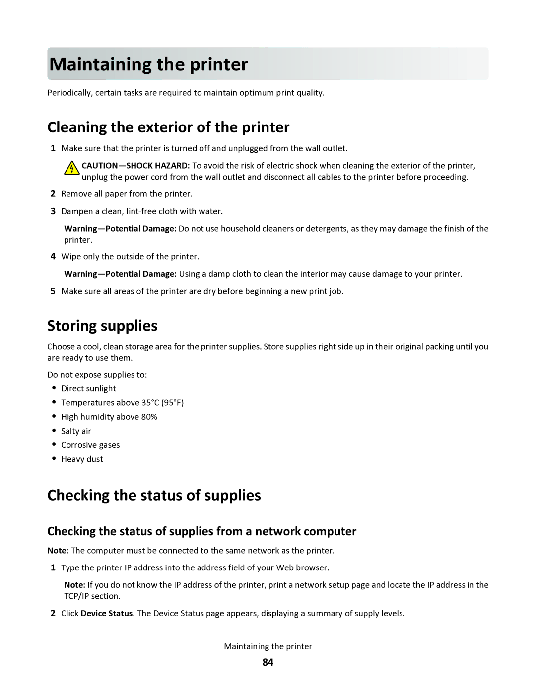 Lexmark 34S0100, 34S0305, 34S0300, 34S5164 Maintainin g the printer, Cleaning the exterior of the printer, Storing supplies 