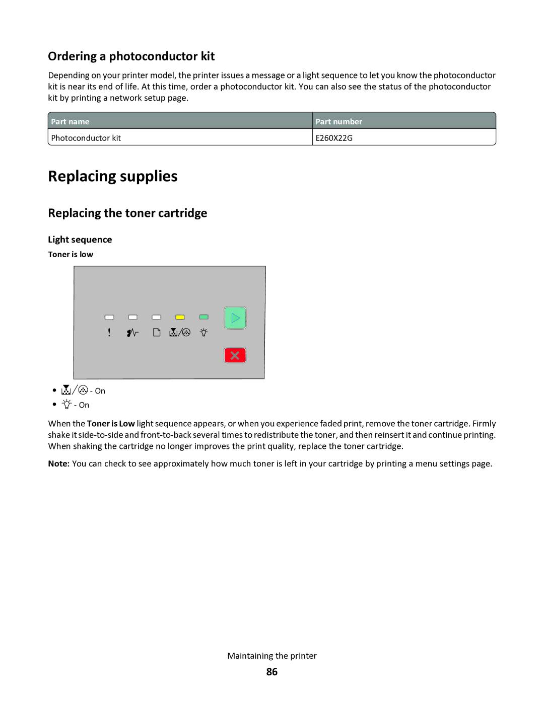 Lexmark 34S0300, 34S0100, 34S0305, 34S5164 Replacing supplies, Ordering a photoconductor kit, Replacing the toner cartridge 