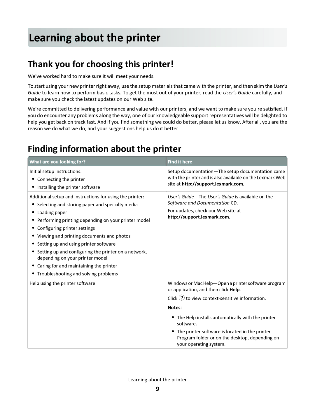 Lexmark 34S0305 Learning about the printe r, Thank you for choosing this printer, Finding information about the printer 