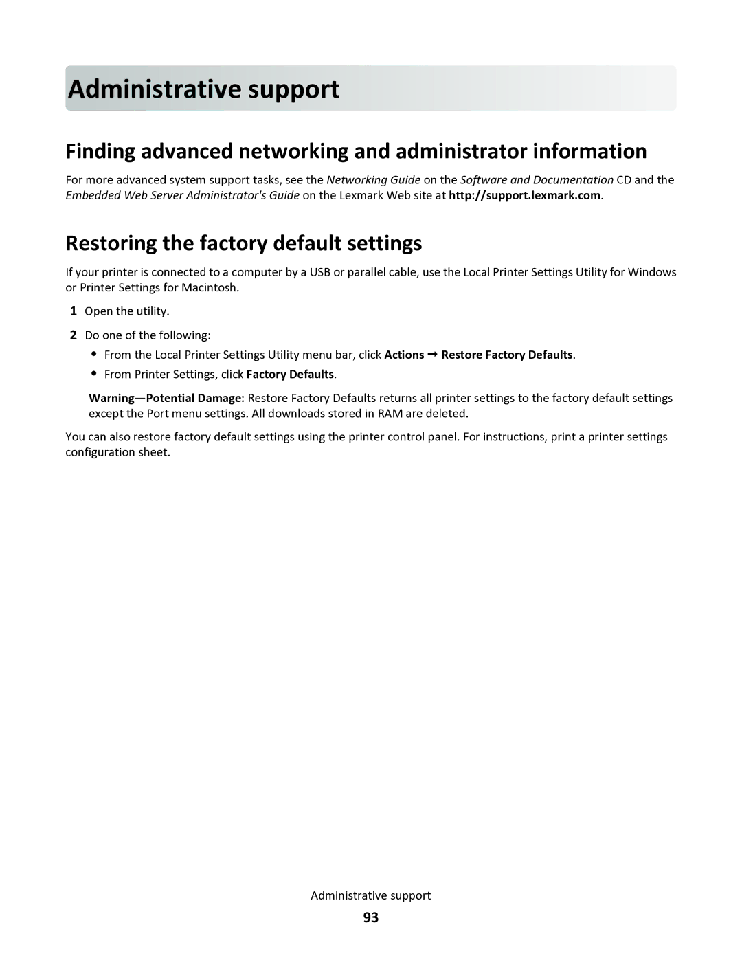 Lexmark 34S0305, 34S0100, 34S0300 manual Adminis tra tive support, Finding advanced networking and administrator information 