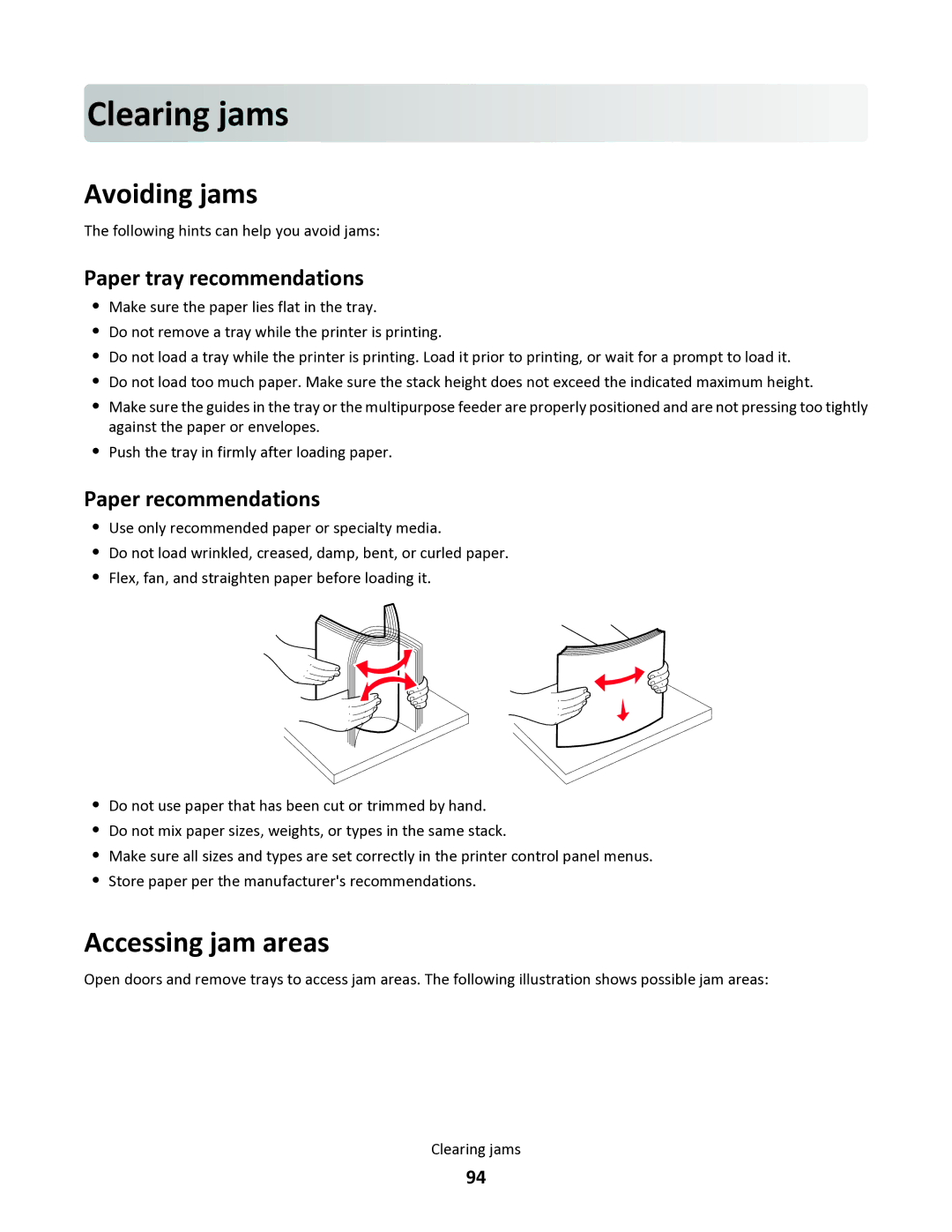 Lexmark 34S0300 Cleari ng jams, Avoiding jams, Accessing jam areas, Paper tray recommendations, Paper recommendations 