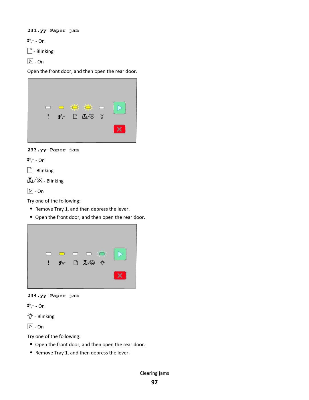 Lexmark 34S0305, 34S0100, 34S0300, 34S5164 manual Blinking Open the front door, and then open the rear door 