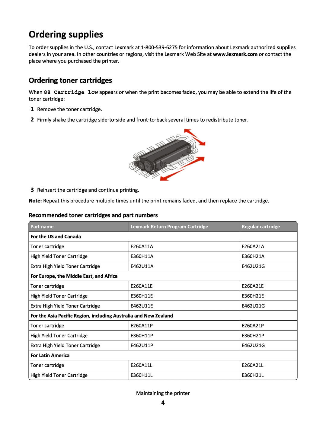 Lexmark 34S0700, 34S0705 manual Ordering supplies, Ordering toner cartridges, Recommended toner cartridges and part numbers 