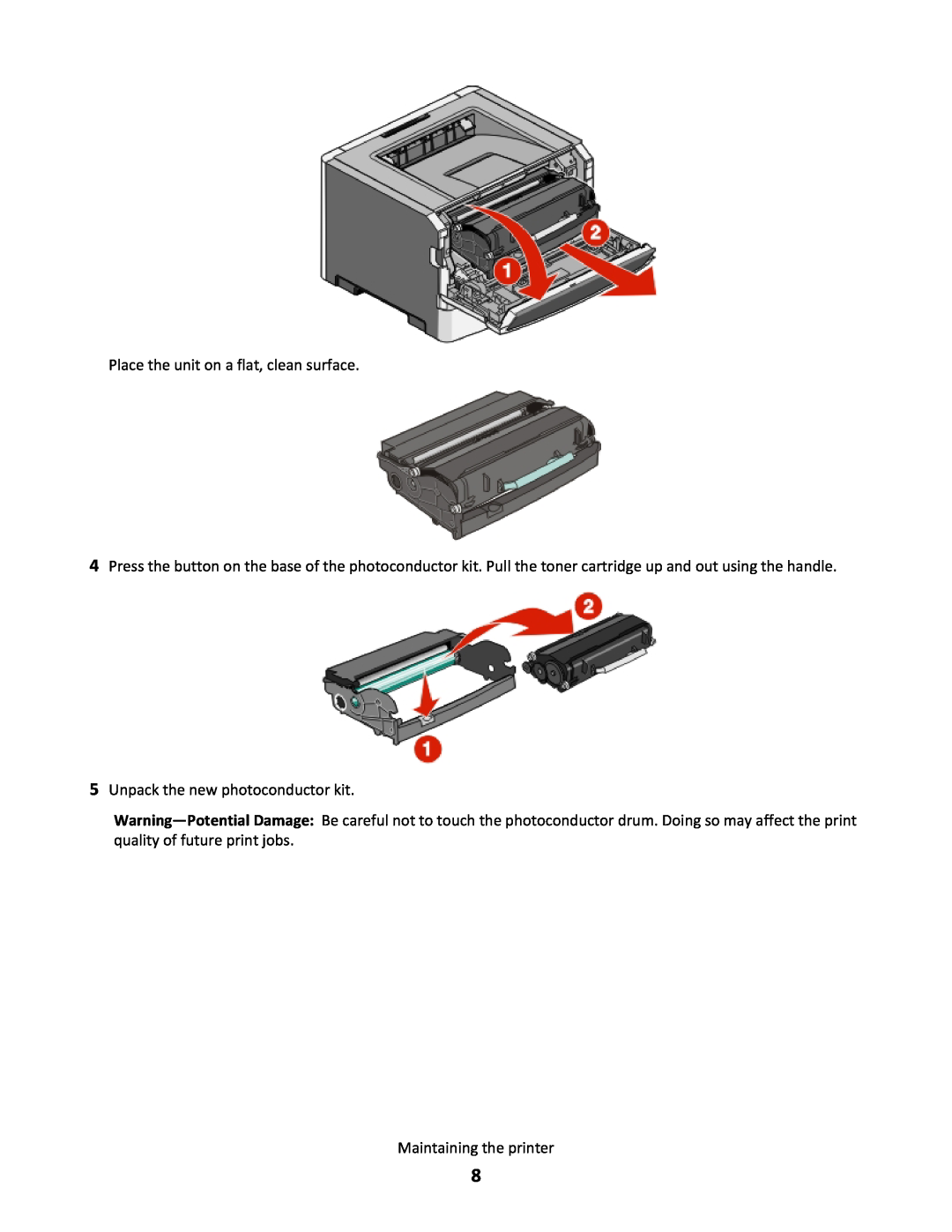 Lexmark 34S0700 manual Place the unit on a flat, clean surface, Unpack the new photoconductor kit, Maintaining the printer 