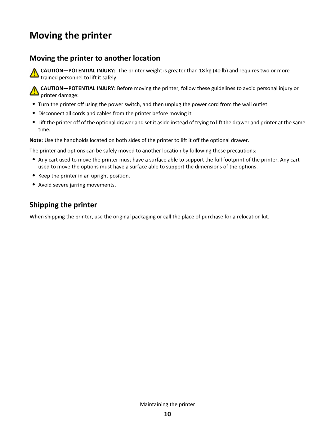 Lexmark 34S0700, 34S0705 manual Moving the printer to another location, Shipping the printer 