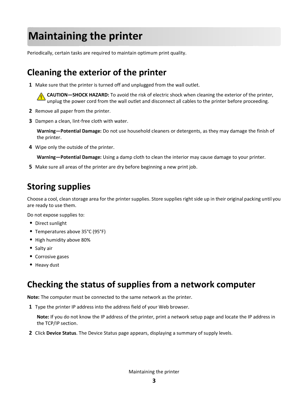 Lexmark 34S0705, 34S0700 manual Cleaning the exterior of the printer, Storing supplies 