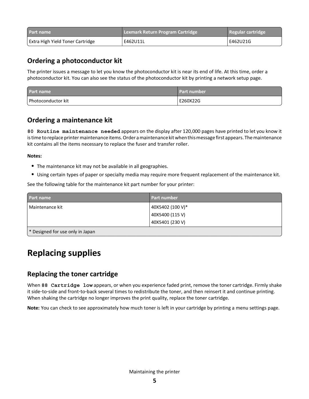 Lexmark 34S0705, 34S0700 manual Replacing supplies, Ordering a photoconductor kit, Ordering a maintenance kit 