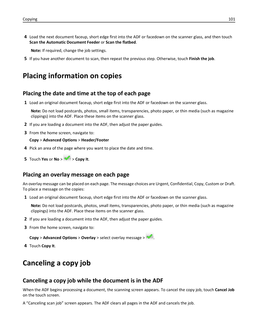 Lexmark 34T5012 manual Placing information on copies, Canceling a copy job, Placing the date and time at the top of each 