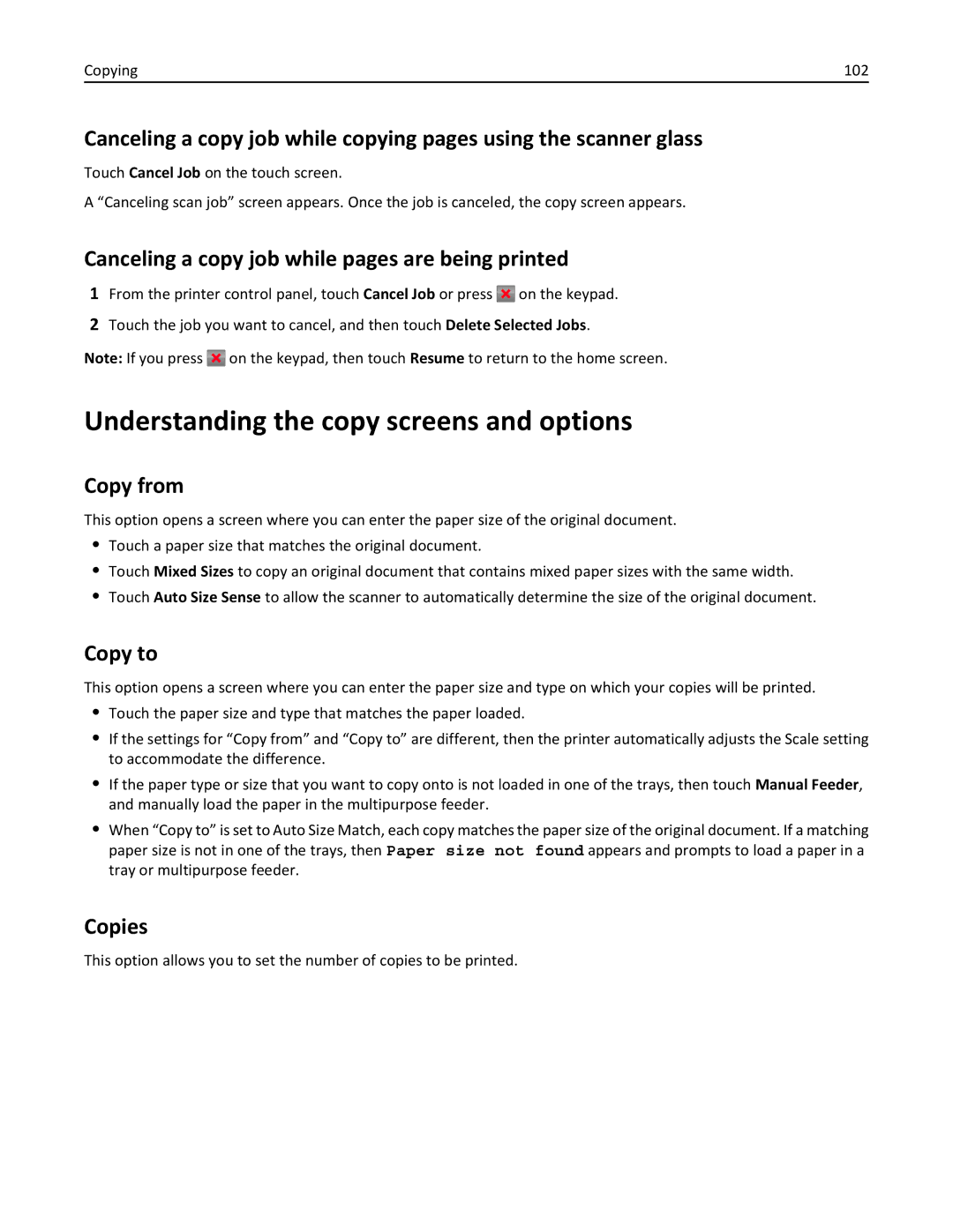 Lexmark 34T5012 Understanding the copy screens and options, Canceling a copy job while pages are being printed, Copy from 