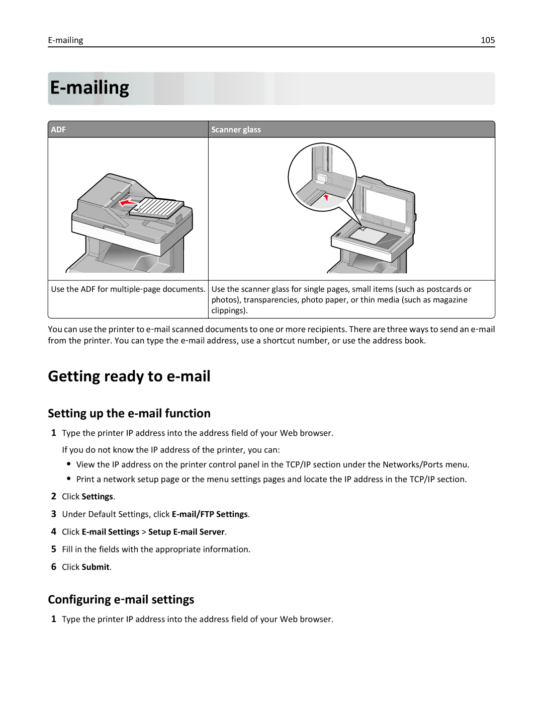 Lexmark 34T5012 manual Mailing, Getting ready to e-mail, Setting up the e-mail function, Configuring e‑mail settings 