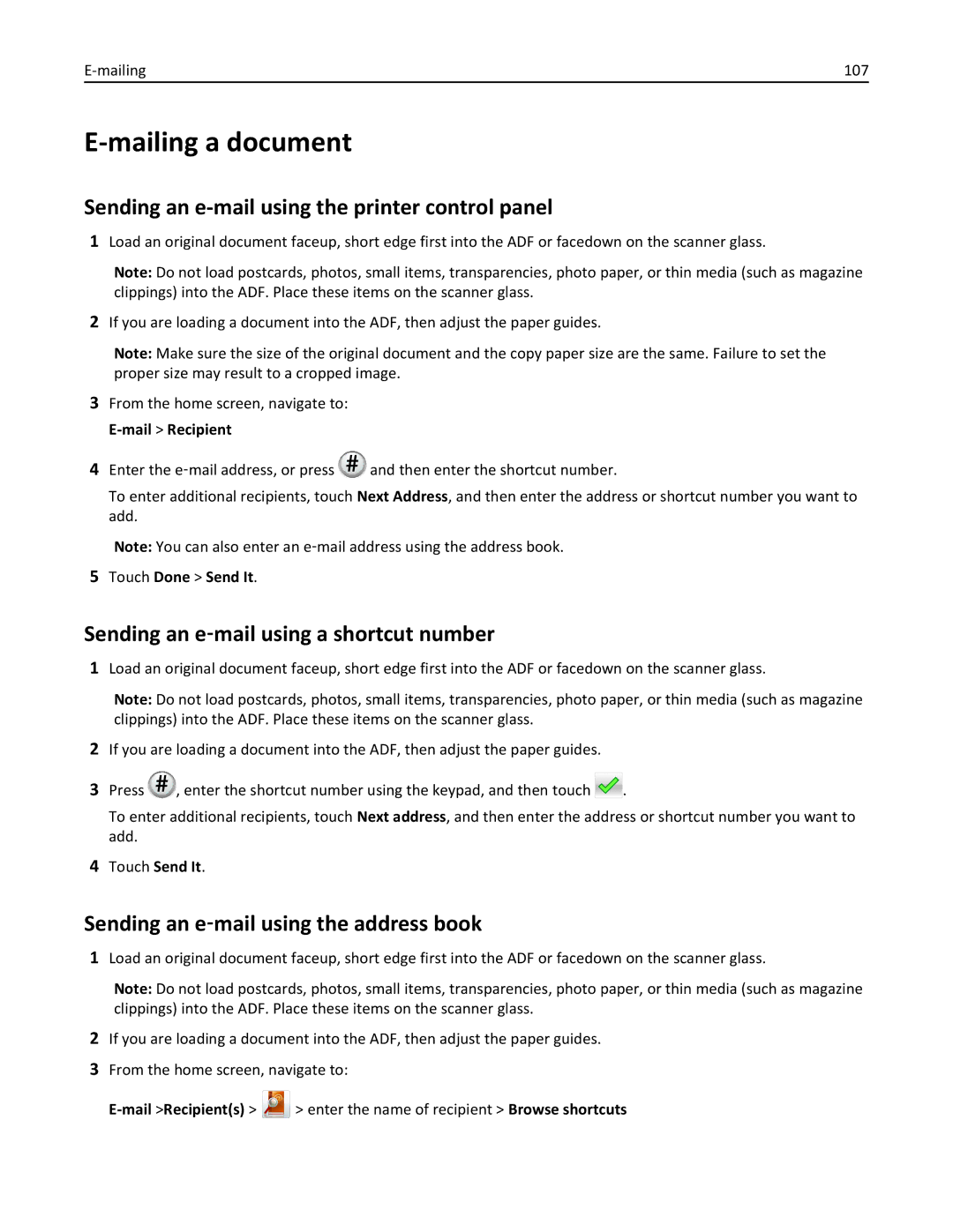 Lexmark 34T5012 manual Mailing a document, Sending an e-mail using the printer control panel, Touch Done Send It 