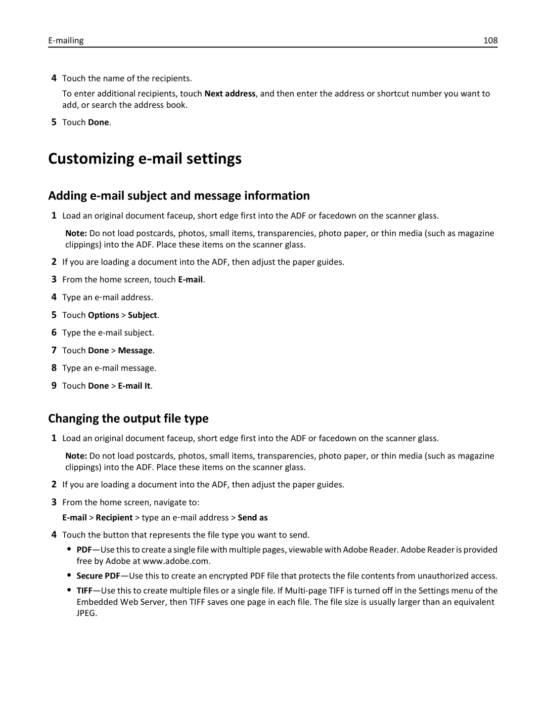 Lexmark 34T5012 Customizing e-mail settings, Adding e-mail subject and message information, Changing the output file type 