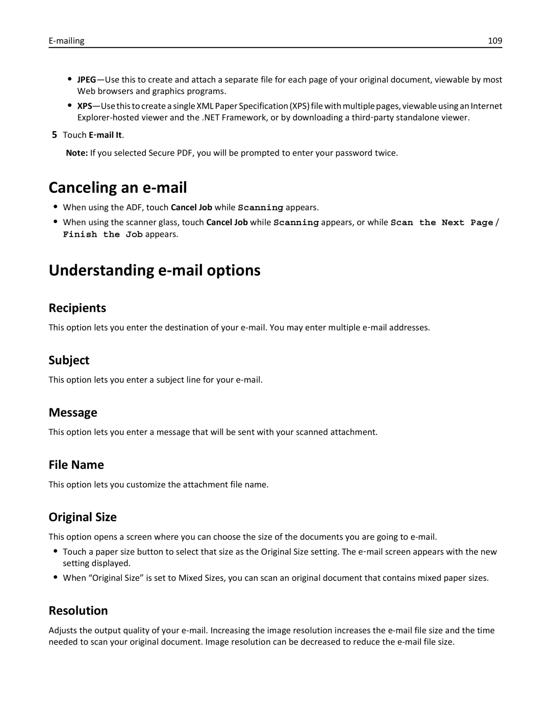 Lexmark 34T5012 manual Canceling an e-mail, Understanding e-mail options 