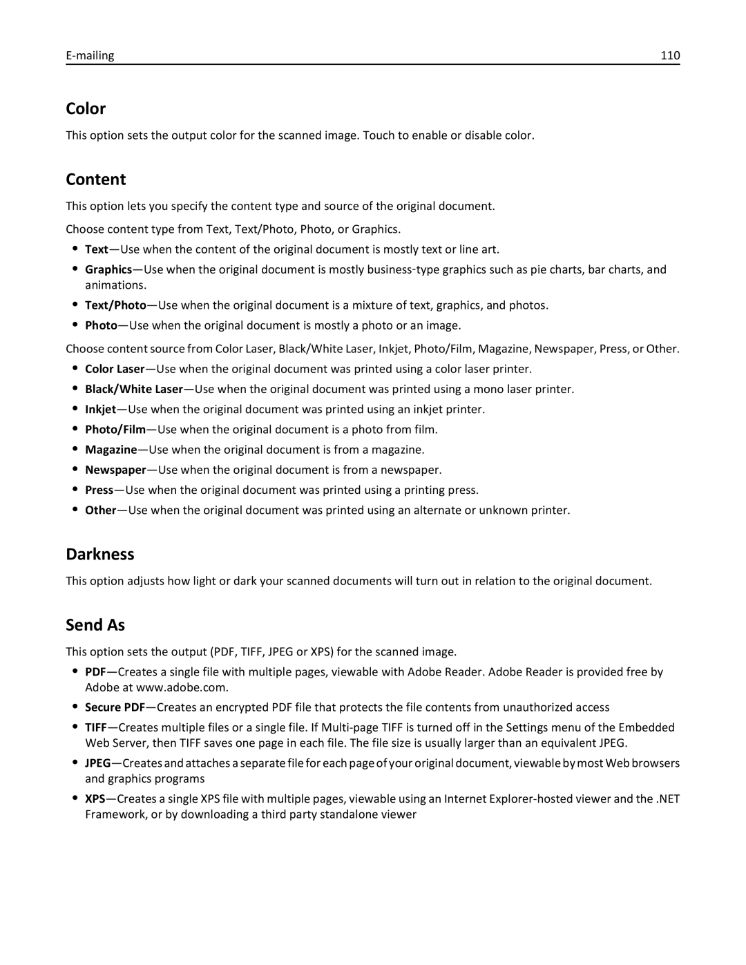 Lexmark 34T5012 manual Send As, Mailing 110 