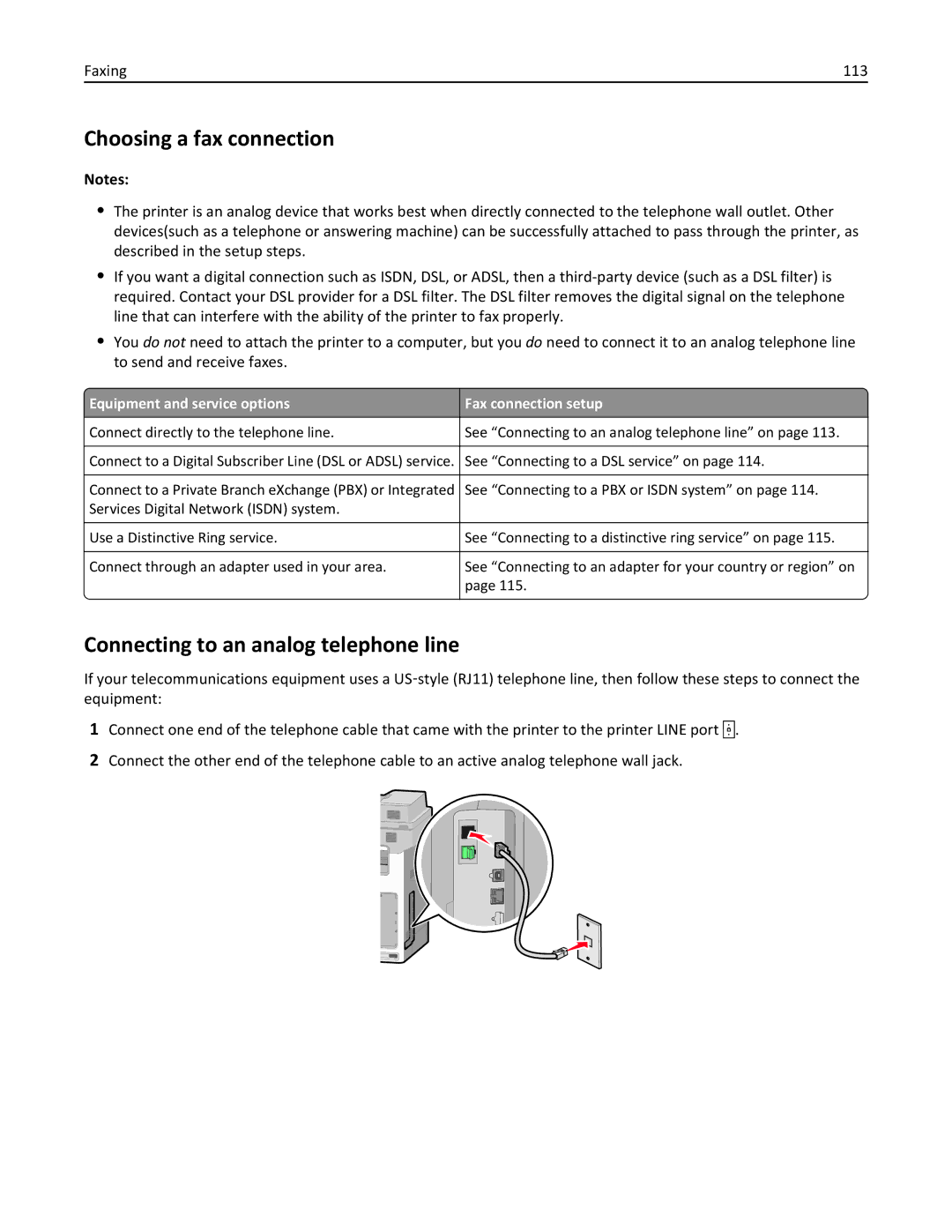 Lexmark 34T5012 manual Choosing a fax connection, Connecting to an analog telephone line, Faxing 113 