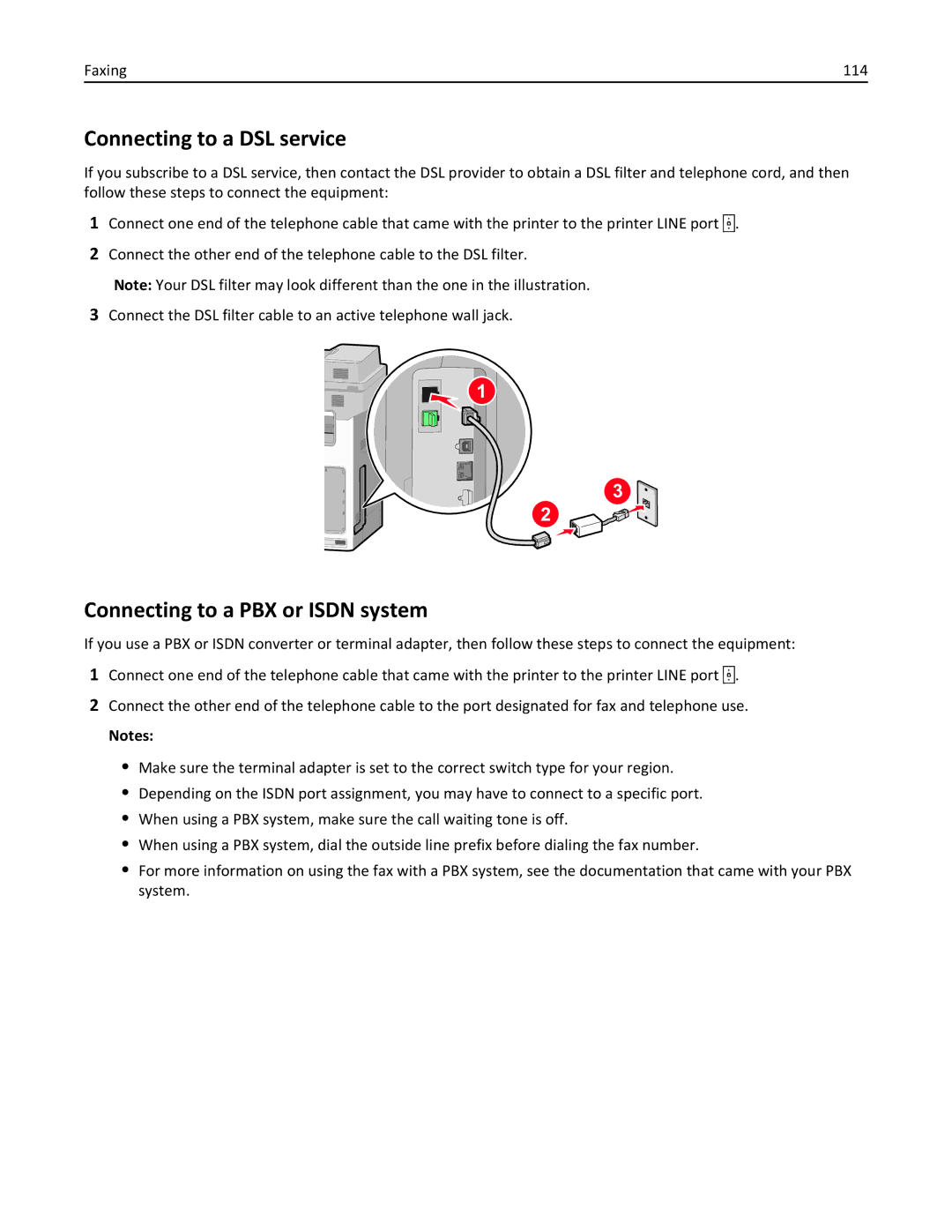 Lexmark 34T5012 manual Connecting to a DSL service, Connecting to a PBX or Isdn system, Faxing 114 