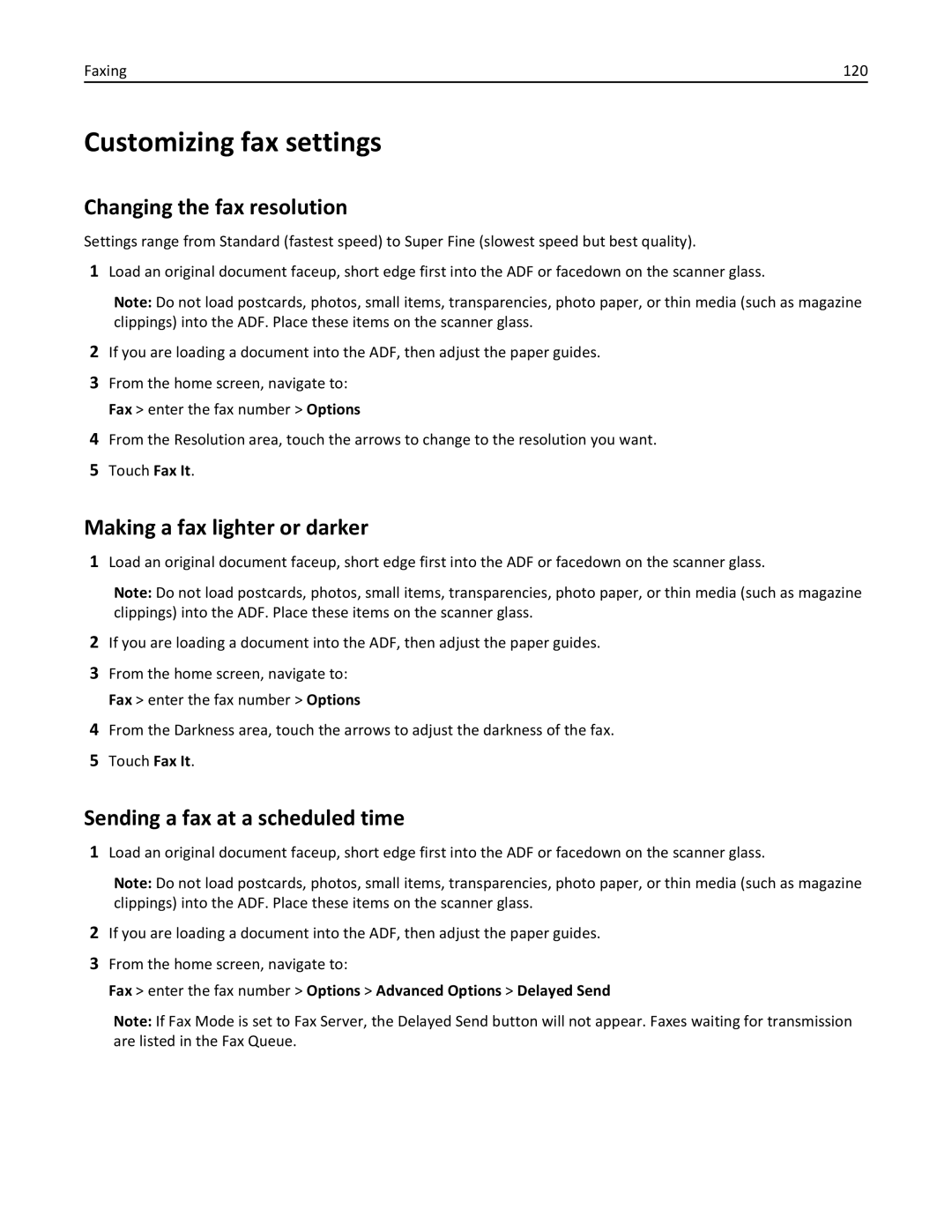 Lexmark 34T5012 manual Customizing fax settings, Changing the fax resolution, Making a fax lighter or darker, Faxing 120 