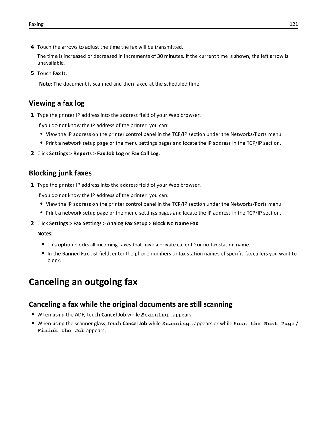 Lexmark 34T5012 manual Canceling an outgoing fax, Viewing a fax log, Blocking junk faxes 