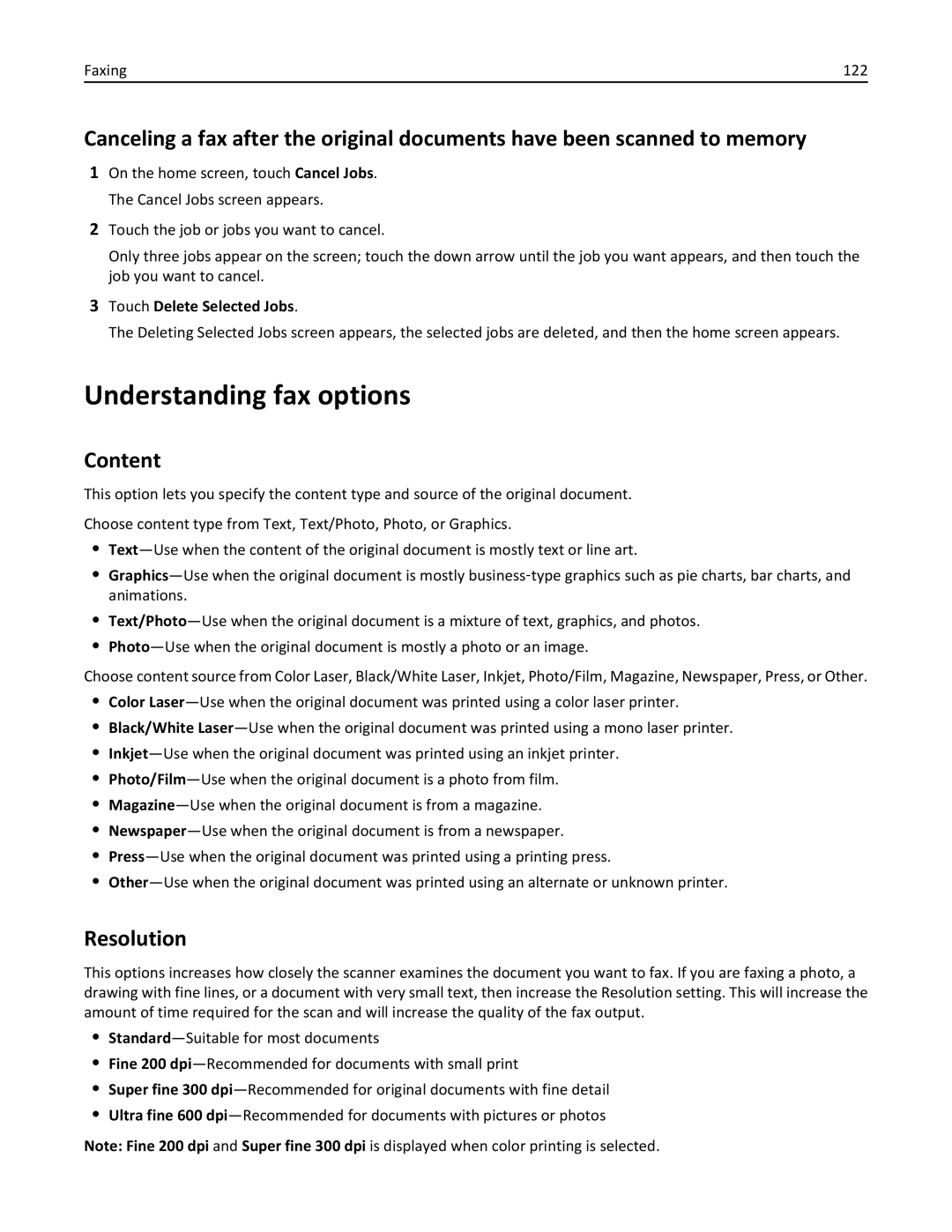 Lexmark 34T5012 manual Understanding fax options, Faxing 122, Touch Delete Selected Jobs 