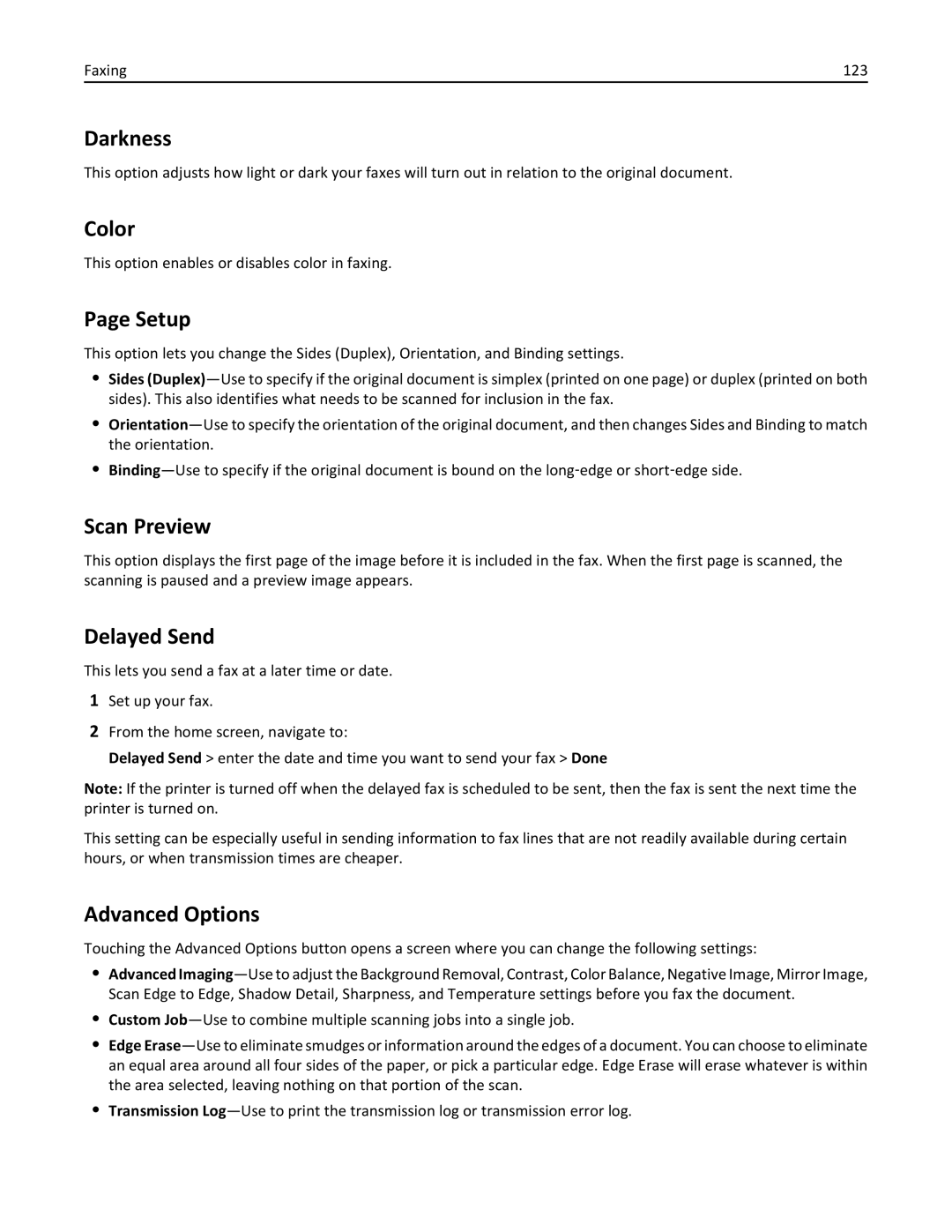 Lexmark 34T5012 manual Delayed Send, Faxing 123, This option enables or disables color in faxing 