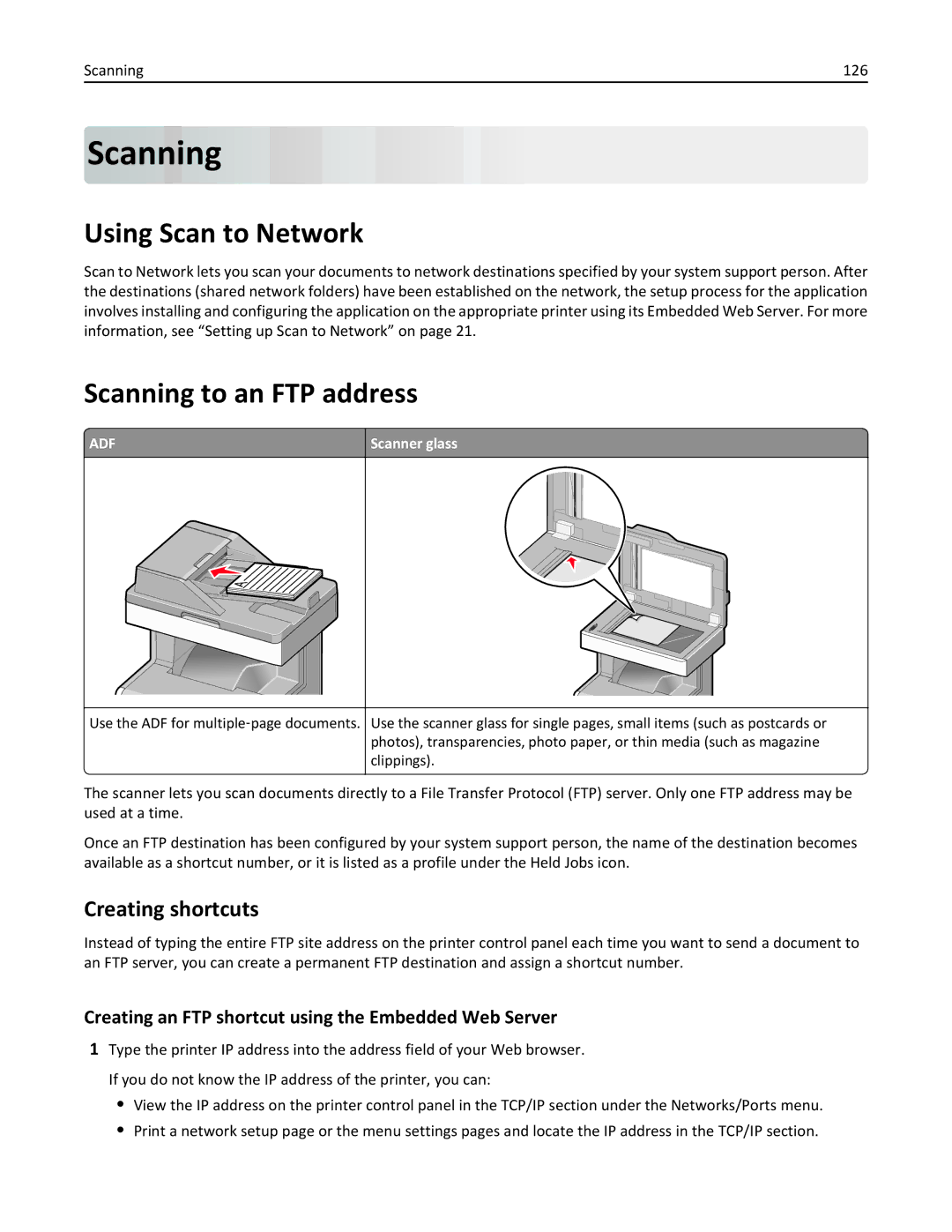 Lexmark 34T5012 manual Using Scan to Network, Scanning to an FTP address, Creating shortcuts 