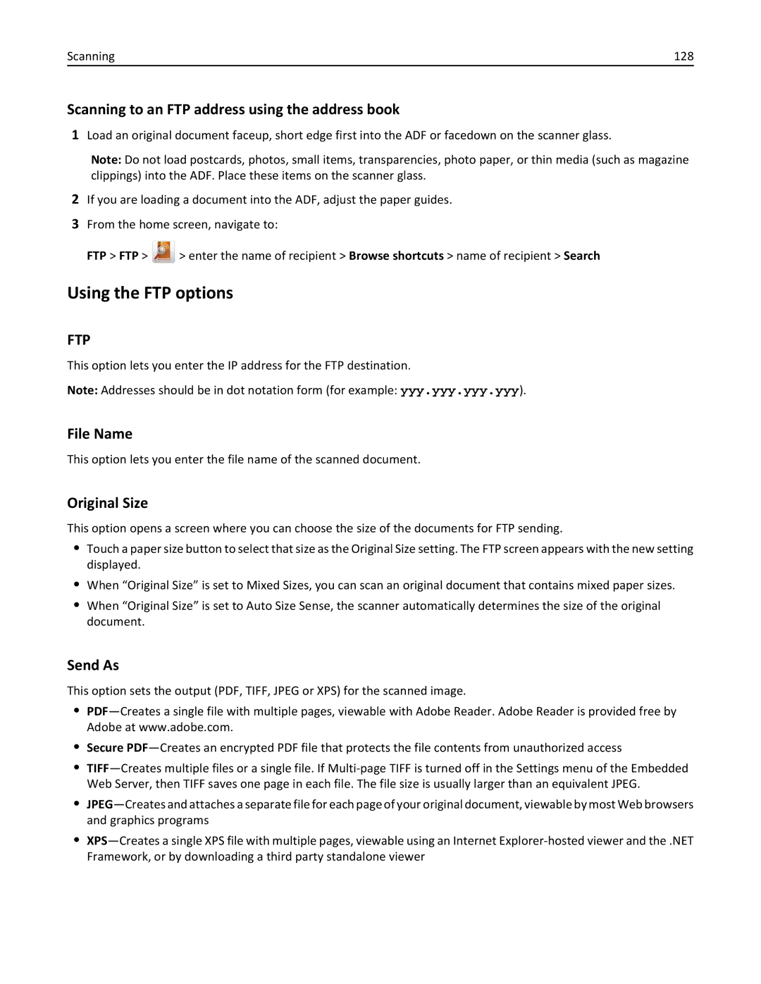 Lexmark 34T5012 manual Using the FTP options, Scanning to an FTP address using the address book, File Name, Original Size 